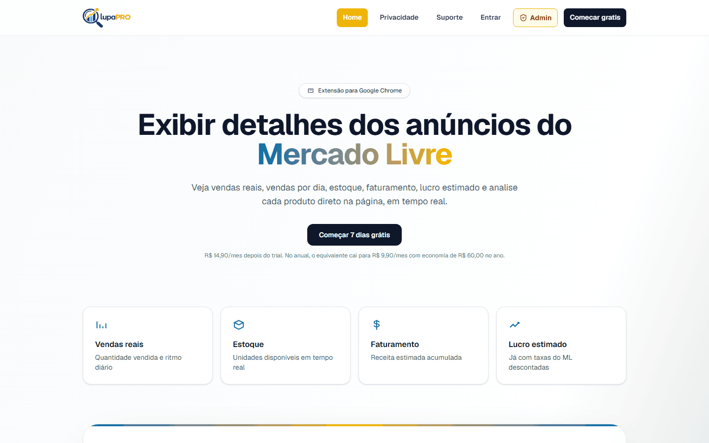 Página inicial do LupaPro apresentando métricas para análise de anúncios no Mercado Livre